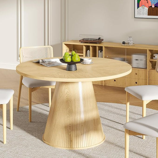 47 inch Round Dining Table for 4-6, Circle Kitchen Table with Sturdy Tapered Base, Mid Century Modern Fluted Dining Tables for Dining Room, Kitchen, Living Room (Wood, 47inch)