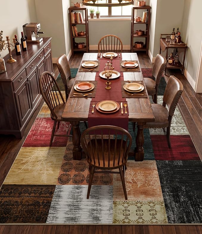 YIHOUSE Mid Century Modern Cowboy Area Rug 6x9 for Living Room,Retro Patchwork Rug Non Slip,Red and Brown Floral Farmhouse Rugs Washable, Geometric Boho Area Rug for Kitchen,Dining Room,Bedroom