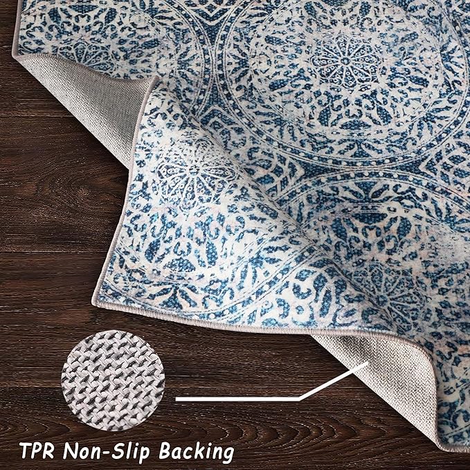 vivorug 8x10 Area Rugs for Living Room, Non-Slip Backing Washable Blue Rug 8x10, Large Area Rug Soft Carpet for Bedroom Dining Room, Vintage, Easy Clean, Durable, Low Pile Rug Under Table
