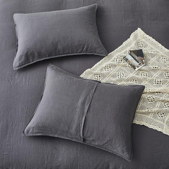 ATLINIA 100% Flax Linen Duvet Cover Set - Stone Washed Pure French Linen Organic Fabric for Farmhouse Comforter Boho Bedding Included 1 Duvet Cover 2 Pillow Shams(Dark Grey, King)