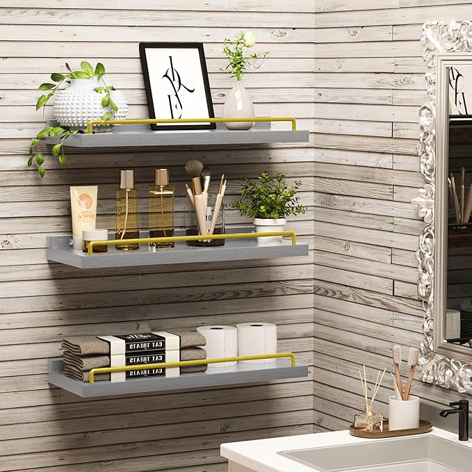Floating Shelves for Wall Decor, Grey and Gold Shelves for Bathroom, Living Room, Bedroom, Picture Frames, Plants, Kitchen (Set of 3)