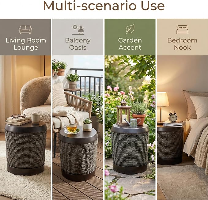 ø15.75'' Faux Concrete Cement Round Side Table End Table, Modern Contemporary Minimalist Retro Style, MGO Material for Indoor & Outdoor, No Assembly, Simulated Braided Cord, Dark Brown