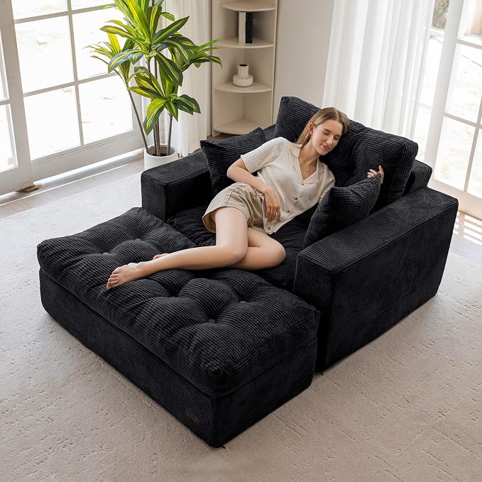 MAXYOYO Oversized Chaise Lounge Sofa, Upholstered Lounge Chair with 3 Pillows, Tufted Boneless Sofa Couch with Ottoman, Deep Seat Chair for Living Room, No Assembly, Black