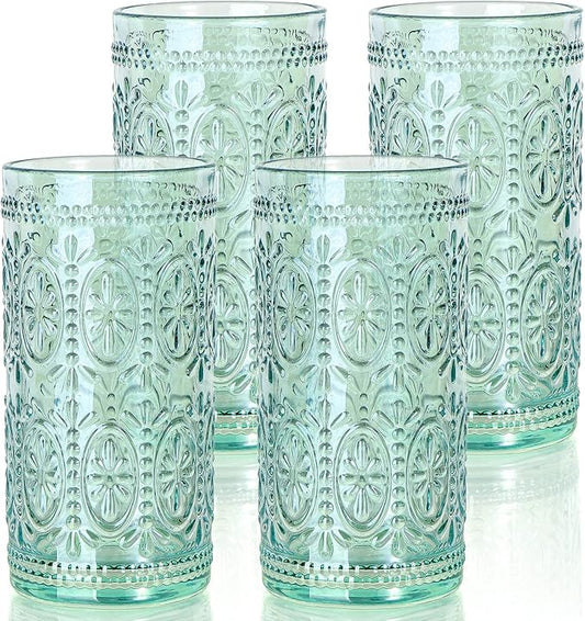 Green Drinking Glasses Set of 4, Vintage Drinking Glasses, Colored Glassware Drinking, Highball Beverage Glasses Cup, Vintage Glassware Set for Water, Juice, Cocktail, Coffee