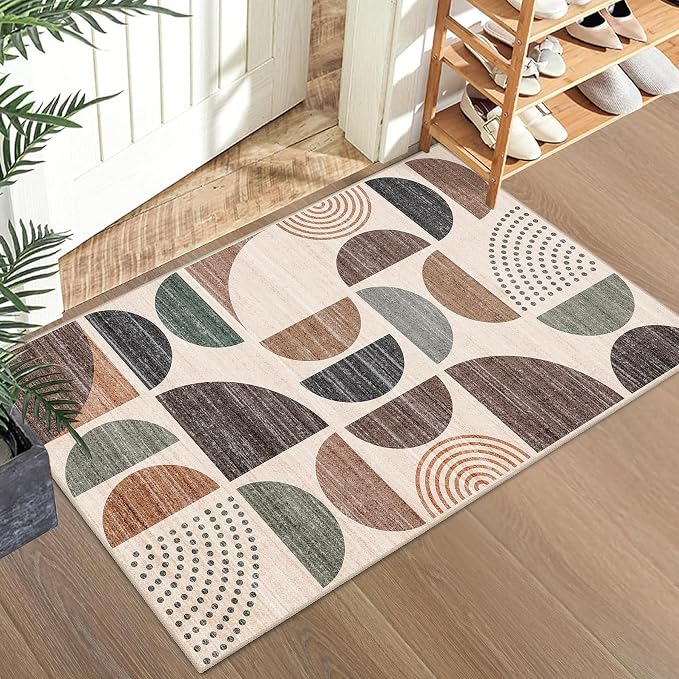 MUJOO Small Rug Washable,2x3 Area Rugs for Entryway Bathroom Entry Entrance Bedroom Kitchen,Front Door Mat Boho Throw Carpet Non Slip Indoor Soft Modern Abstract Brown
