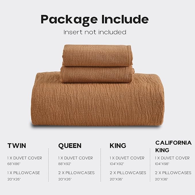 Simple&Opulence Linen Muslin Duvet Cover Set Queen Size, 3Pcs Rust Linen Cotton 3-Layer Gauze Minimalist Comforter Cover 88”x92”, Ultra Soft Breathable Seersucker Bedding Set with 2 Pillowcases
