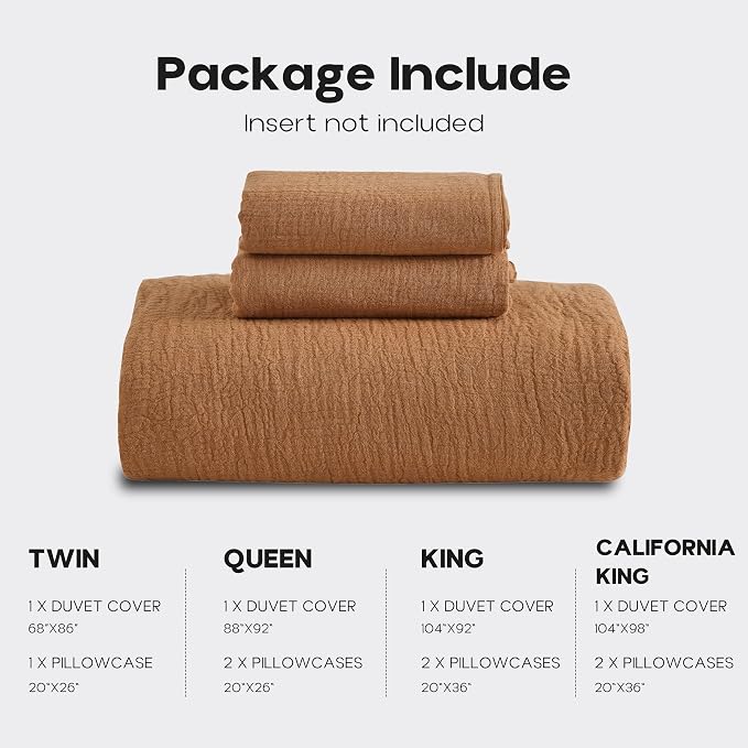 Simple&Opulence Linen Muslin Duvet Cover Set California King, 3Pcs Rust Linen Cotton 3-Layer Gauze Minimalist Comforter Cover 104”x98”, Ultra Soft Breathable Seersucker Bedding Set with 2 Pillowcases