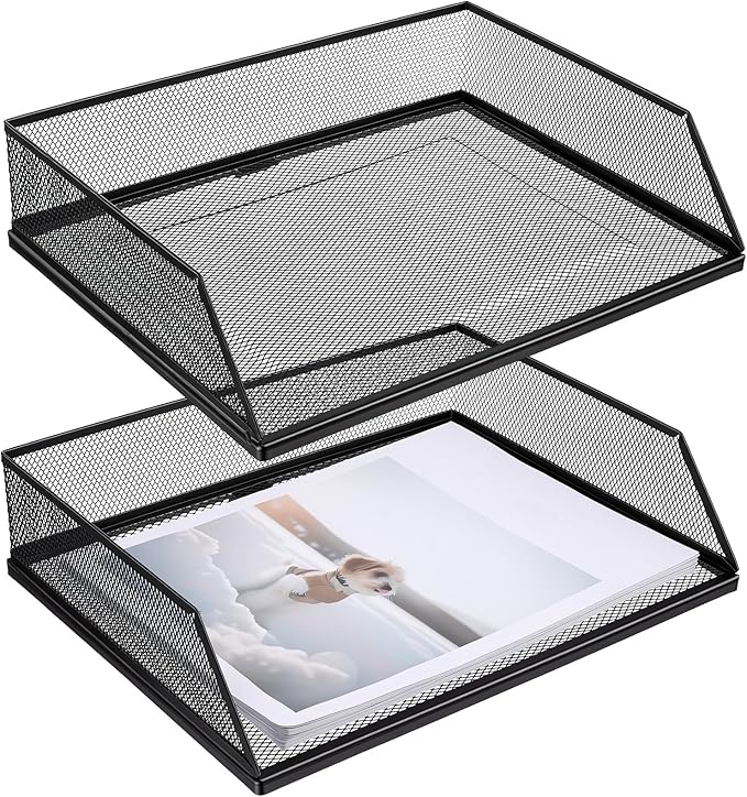 2 Pack Wire Mesh Letter Trays Paper Tray, 2-Tier Metal Mesh Desktop Organizer, Stackable Metal Front-Load Documents Tray, File Folder Sorter Organizer for Office Home(Transverse)
