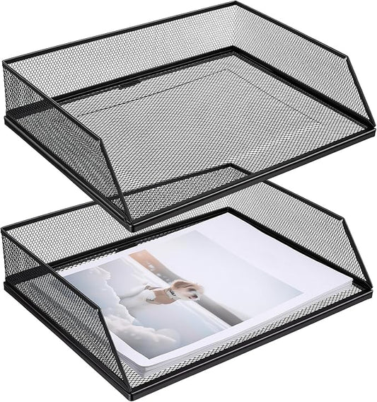 2 Pack Wire Mesh Letter Trays Paper Tray, 2-Tier Metal Mesh Desktop Organizer, Stackable Metal Front-Load Documents Tray, File Folder Sorter Organizer for Office Home(Transverse)