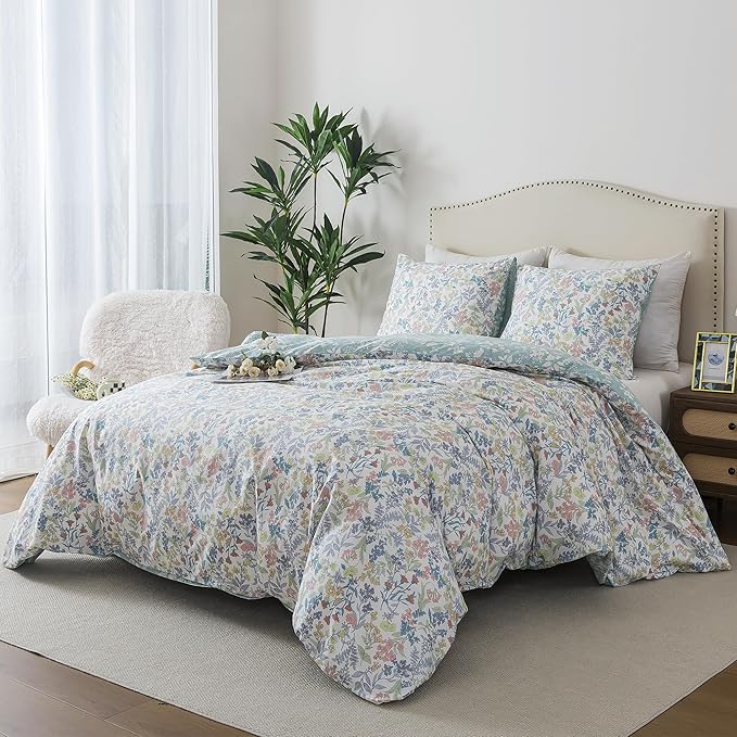 HoneiLife Cotton King Duvet Cover - Floral Comforter Cover 3-Piece, Botanical Bedlinen Set with Zipper Closure & Corner Ties, Wildflower Comforter Cover Sets All Season Use