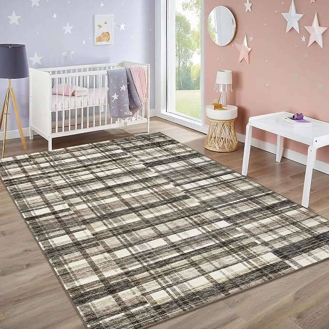 Washable Area Rug 5x7 Rug for Living Room Plaid Low Pile Bedroom Rug Modern Area Rugs Soft Non Slip Throw Rugs Stain Resistant Carpet for Classroom Dining Room Beige 5'x7'