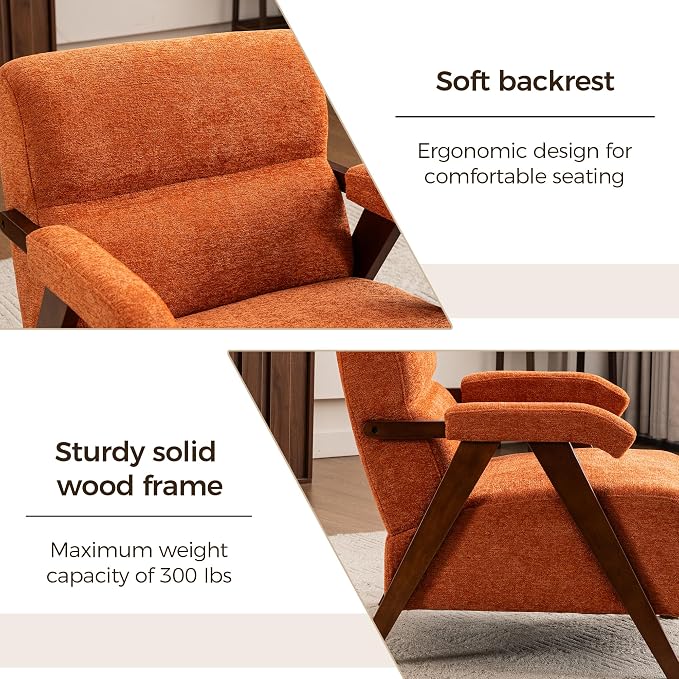 Accent Chair Mid Century Modern Living Room Chairs with Thick Cushion Comfy Upholstered Armchair Cozy Small Side Chairs for Reading Room Bedroom Orange
