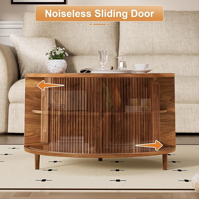 Round Lift Top Coffee Table, 31.5” Fluted Wood Lift Up Center Table with Sliding Door & Hidden Storage, Mid Century Modern Coffee Table for Living Room & Home Office (Walnut)