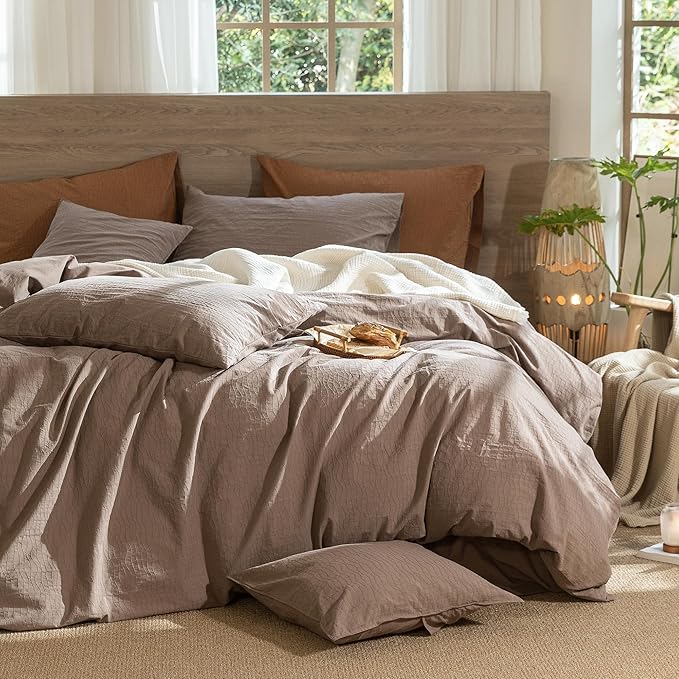 MooMee Wavy Striped Duvet Cover Set 100% Washed Cotton Linen Like Textured Breathable Durable Soft Comfy (Brown, Palatial King/Oversized King 120"x98")