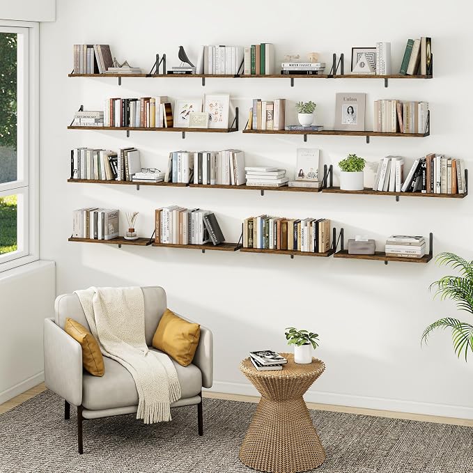 Heimlove Floating Book Shelves for Wall,35.4 Inches Long Wall Mounted Bookshelves,Heavy Duty Bracket Shelves for Living Room Kitchen,Laundry Room Storage & Decor,Set of 3,Rustic Brown