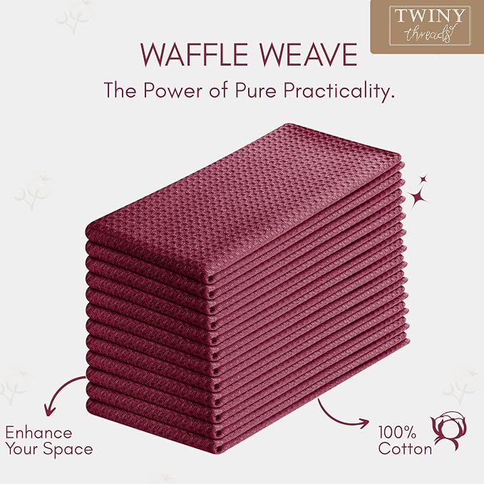 TWINY threads Kitchen Towels Set of 6, 100% Cotton Waffle Weave Easter Dish Towels, Soft Tea Towels with Hanging Loop, Washable Bar Towels for Table Cleaning, Dinning, Parties- 16"X 26"-Burgundy Wine