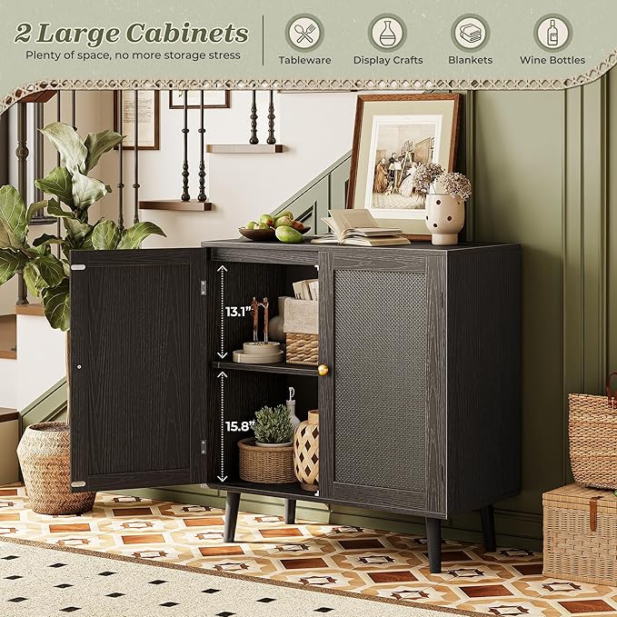 Huuger Buffet Cabinet with Storage, Storage Cabinet with PE Rattan Decor Doors, Accent Sideboard Buffet with Solid Wood Feet, for Hallway, Entry, Living Room, All Black