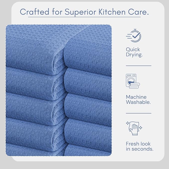 TWINY threads Set of 12 100% Cotton Solid Kitchen Towels with Hanging Loop (16 X 26 inches) | Ultra Absorbent Dobby Waffle Weave Washcloth | Reusable, Machine Washable Hand Towels - Sky Blue