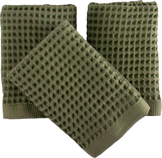 PÜSKÜL Natural 100% Turkish Cotton Waffle Kitchen Towels Set of 3 | Oeko-Tex, Premium Waffle Hand Towels for Bathroom | Soft Absorbent Quick-Dry Lint-Free Dish Towel Large 32x16 inch (3, Khaki Green)