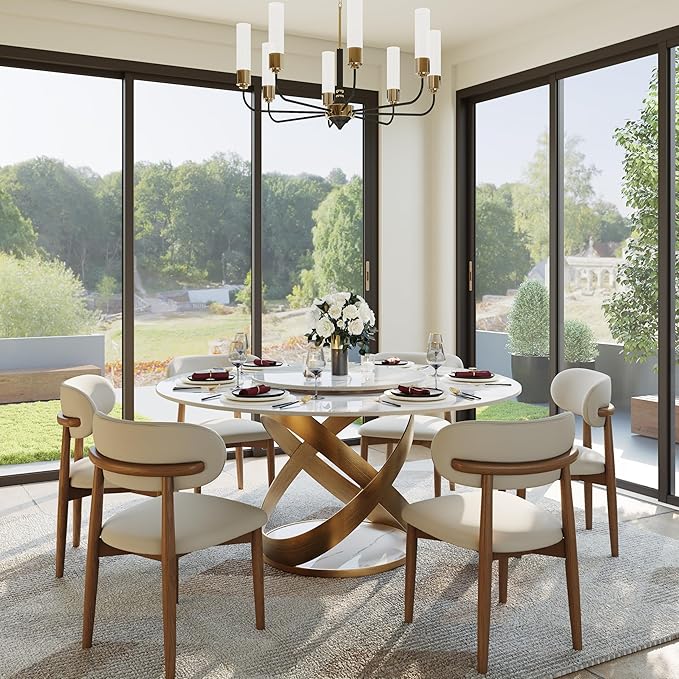 POVISON 59" Modern Round Dining Table with Lazy Susan, White Round Kitchen Table for 6, Sintered Stone Dining Room Table top with Bronze X Carbon Steel Base (Dining Table Only)