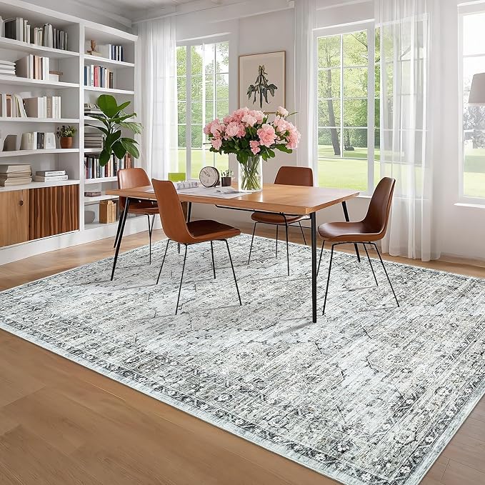 8x10 Rug Washable Vintage Distressed Oriental Large Rug Soft Bedroom Carpet Non-Slip Low Pile Living Room Large Rugs Retro Floral Floor Carpet for Farmhouse Home Decor Playroom, Blue Brown