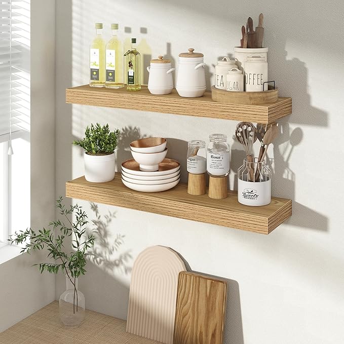 24 Inch Floating Shelves for Wall 2 Pack, 24" Wall Shelves for Books, Storage, Decor, Wall Mounted Floating Shelf with Invisible Brackets for Kitchen, Living Room, Light Brown