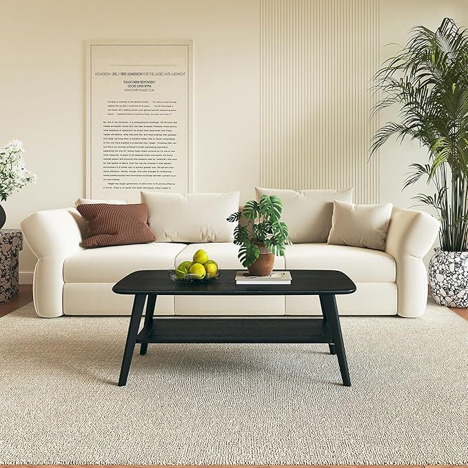 Coffee Table Small Solid Wood Center Table Mid Century Vintage Living Room Coffee Table, Black 47.24 Inch