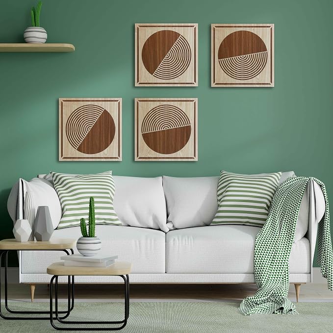 4 Piece Mid Century Modern Wood Wall Art Set, Geometric Boho Patterns for Eclectic and Maximalist Style, Wall Decor for Trendy Rooms