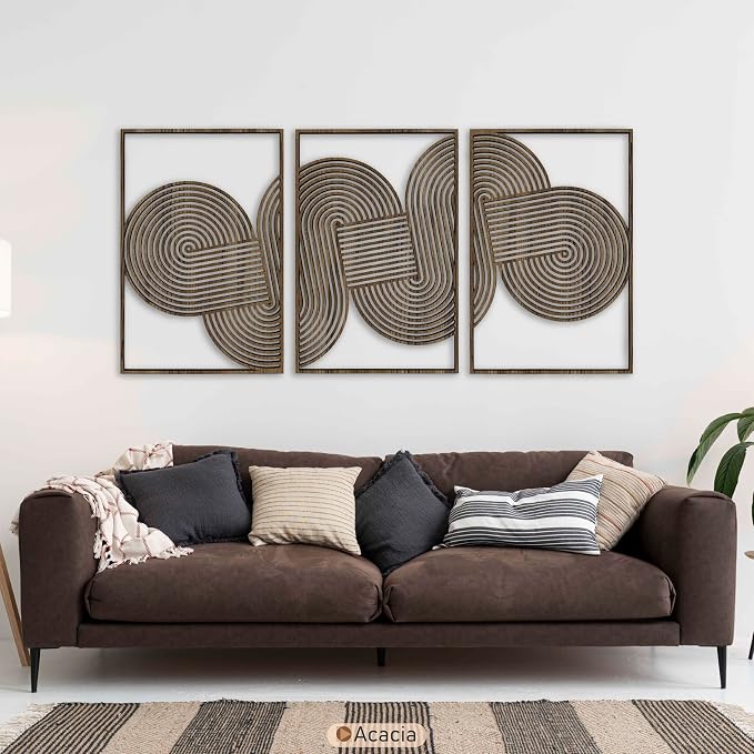 Living Room Wall Art for Mid Century Modern Interiors, Triptych Boho Wall Panels, Geometric Circle Loop Wooden Wall Decor, Home Gift for Bedroom