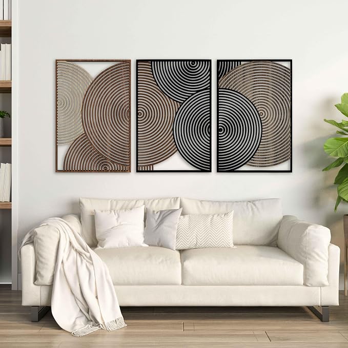 Textured Wood Wall Art with Modern Overlapping Circle Design, Mid Century Wall Panels, Abstract Geometric Wooden Decor, Boho Home Gift for Living Room and Bedroom