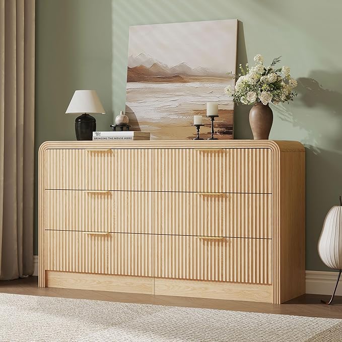 Fluted 6 Drawers Dresser for Bedroom,55'' Wide Wood Dressers with Gold Handles, Modern Dressers with Wave Texture, Large Storage Chest of Drawers, Bedroom Dresser Organizer (Natural Oak)