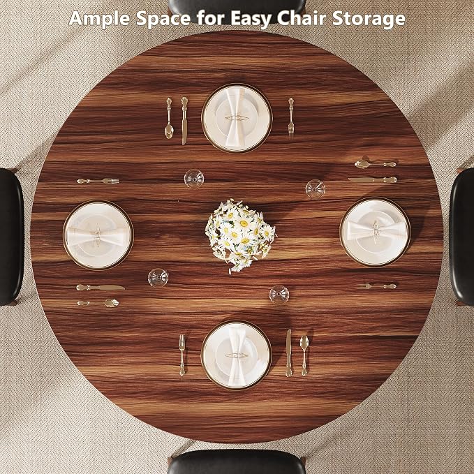 Einhomn Round Dining Table for 4-6, Kitchen Table with Sturdy Double Arc & Rounded Base & Backboard Clasp Desktop, Mid-Century Modern Circle Dinner Table for Dining Living Room, Space Saving, Walnut
