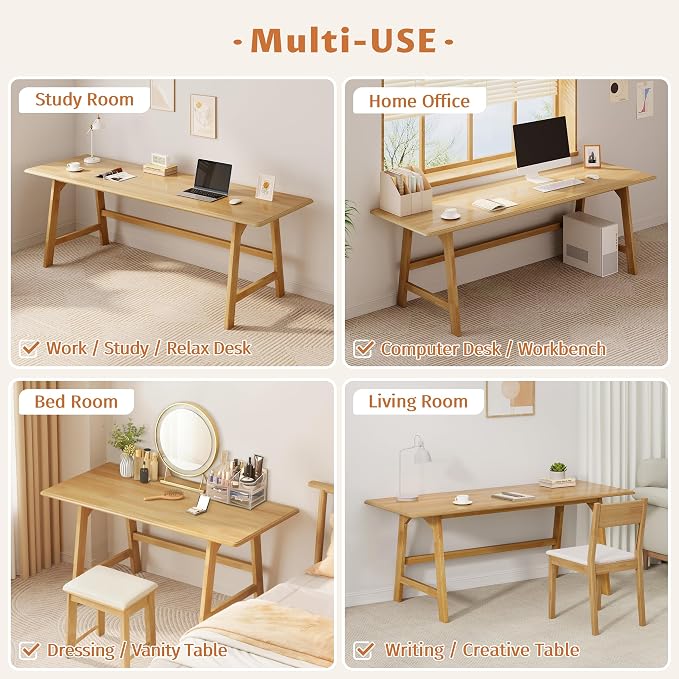 IOTXY Solid Wood Writing Table - 72" W x 24" D Minimalist Long Computer Desk for Home Office, Work, Study, Creativity, and PC Workstation, Oak
