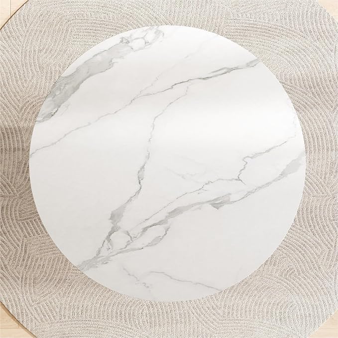 35.43" Round Dining Table for 2, Modern Sintered Stone Top Wood Circle Kitchen Table with PU Leather Iron Pedestal for Dining Room Kitchen, Dinner Living Room, Restaurant White
