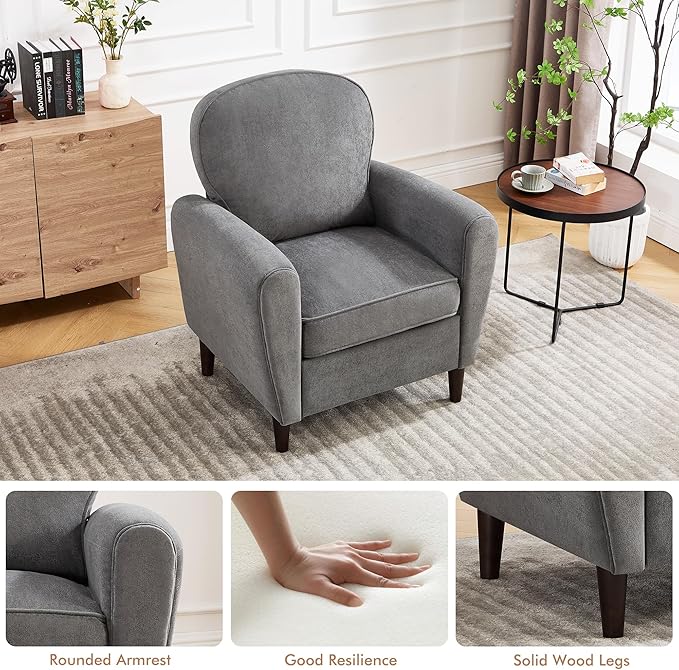 Accent Chair Set of 2, Mid Century Modern Arm Chair with Thick Cushion and Back, Comfy Upholstered Reading Chair Single Sofa Chair for Living Room, Bedroom, Club, Dark Grey