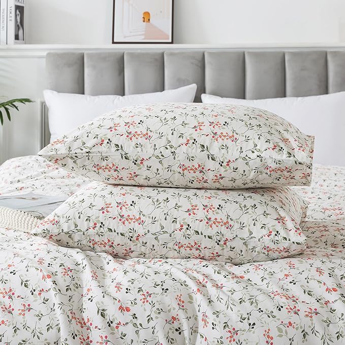 HoneiLife Duvet Cover Queen Size - Cotton Comforter Cover Floral Duvet Cover Sets 3-PC, Soft & Breathable Duvet Cover with Zipper Closure & Corner Ties, Wildflower Comforter Cover Sets, Red Bean
