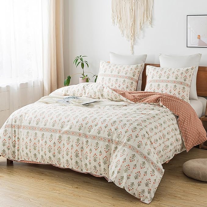 HoneiLife King Duvet Cover Set - 100% Cotton Comforter Cover Floral Duvet Cover Sets,Soft & Breathable Duvet Cover with Zipper Closure and Corner Ties,3pcs Wildflower Comforter Cover Sets-Sweet Grass