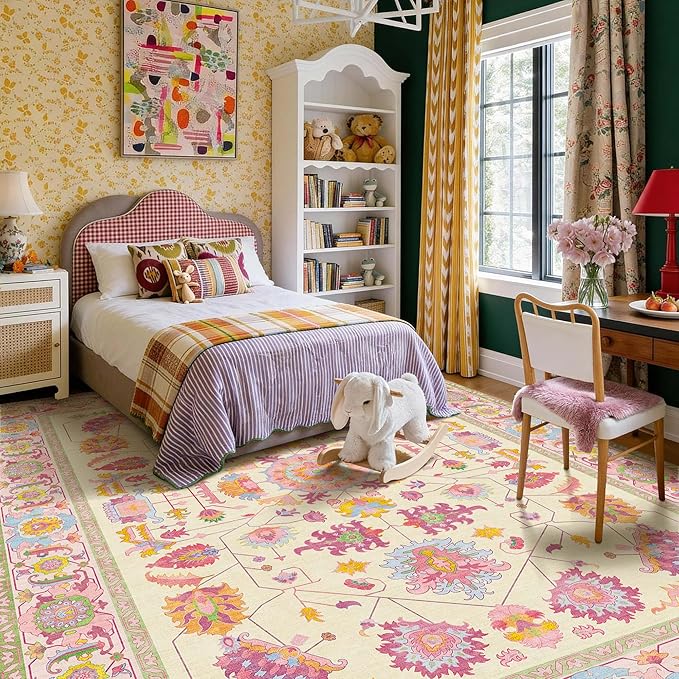 Kokia 8x10 Area Rugs Living Room Washable Non Slip Low Pile Vintage Ivory Pink Stain Resistant Soft Large Oriental Rugs for Bedroom, Dining Room, Kitchen, Indoor Leisure Rooms, Nova Vanillaa