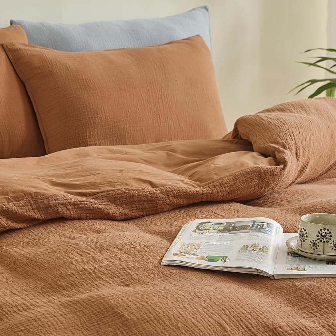 Simple&Opulence Linen Muslin Duvet Cover Set King Size, 3Pcs Rust Linen Cotton 3-Layer Gauze Minimalist Comforter Cover 104”x92”, Ultra Soft Breathable Seersucker Bedding Set with 2 Pillowcases