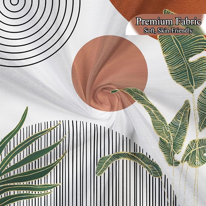Mid Century Boho Shower Curtain, Abstract Modern Sun Minimalist Aesthetic Shower Curtain, Bohemian Geometric Arch Curve Leaves Neutral Art Fabric Bathroom Curtains Orange 72x78 inch