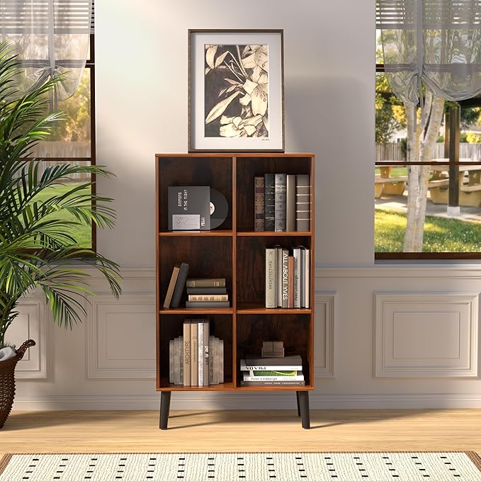 6 Cube Storage Organizer with Legs, 3 Tier Cube Low Bookcase Freestanding Storage Display Organizer for Home Office, Six-Cubes Open Shelf Bookshelf (Retro Brown, 6 Cube Vertical)