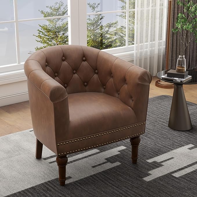 UIXE PU Leather Barrel Club Chairs Set of 2, Modern Arm Accnet Chair Comfy Upholstered Armchair, Nailhead Trim Living Room Single Sofa Reading Seat Bedroom Side Sitting for Office, Brown