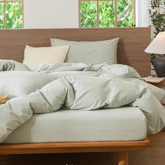 MooMee Striped Duvet Cover Set 100% Washed Cotton Linen Like Textured Breathable Durable Soft Comfy (Sage Green White Pinstripes, Cal King 104"x98")