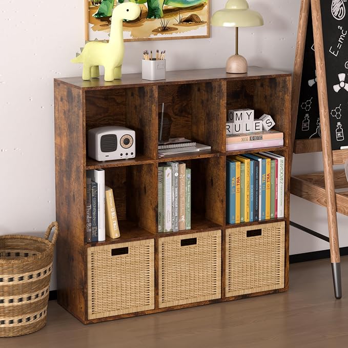 Wooden 9 Cube Storage Organizer with Closed Back Panel,Brown Cube Shelf Cubby Storage Organizers with Compartments for Living,Bookshelf,Organizers Easy to Install (Retro Brown, 9 Cube)