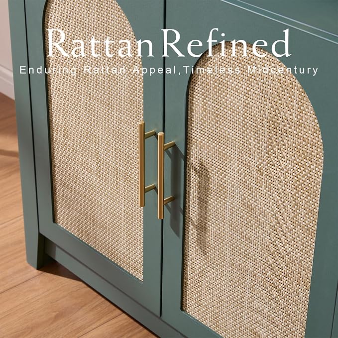 RowyPoey Rattan Arched Cabinet Bookshelf - 69.3” Tall Mid Century Display Cabinet, Rounded Bookcase with Rattan Doors, Open Shelf Storage for Dining Room (Green, 1 PC)