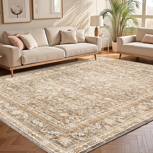 OPPODREAM Vintage Beige Area Rugs 6x9, 6 x 9 Retro Washable Rug Non Slip, Low-Pile Faux Wool Carpet, Distressed Tan Floor Mat for Living Room, Bedroom, Kitchen, Office, Dorm, Dinning Room