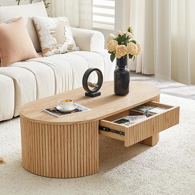 Oval Coffee Table, 47.5" Coffee Table with Storage, Fluted Accent Center Table with Textured Roman Column Patterns, Mid Century Modern Coffee Tables for Living Room, Office, Apartment, Natural