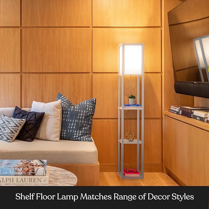 Brightech Maxwell - Modern Shelf Floor Lamp with Lamp Shade & Warm White LED Bulb, Corner Display Floor Lamp with Shelves for Living Room, Bedroom, Nightstand Office, Home Decor Storage - White