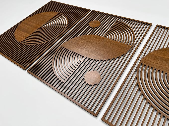 Boho Wood Wall Art Bauhaus Style, Abstract Wooden Wall Art, Large Mid Century Modern Decor, 3 Geometric Wood Wall Panel Set, Home Gift