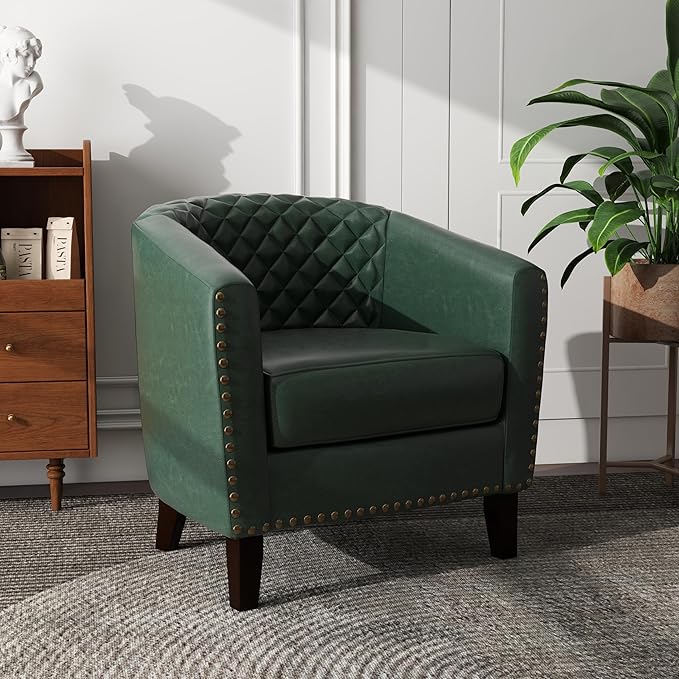 UIXE Faux Leather Barrel Accent Chairs Set of 6, Modern Club Upholstered Arm Chair, Comfy Armchair Nailed Trim Living Room Single Sofa Reading Seat Bedroom Side Sitting for Office, Green